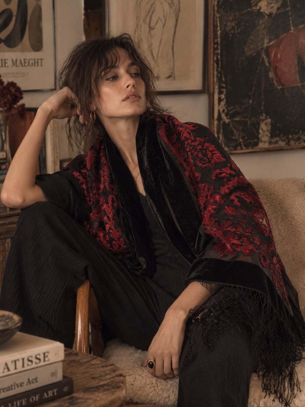 Black Red Burnout Velvet Shawl Wrap Embroidered Fringe Boho Evening Scarf Goth